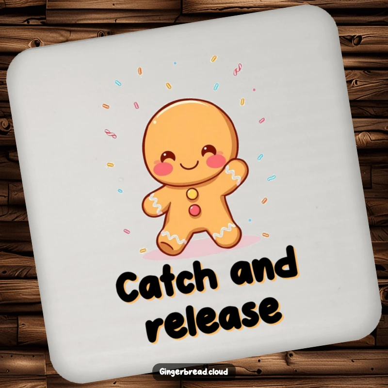 Funny gingerbread person coasters, catching falling sprinkles, sweet and practical table protection, perfect funny gift for hosts.