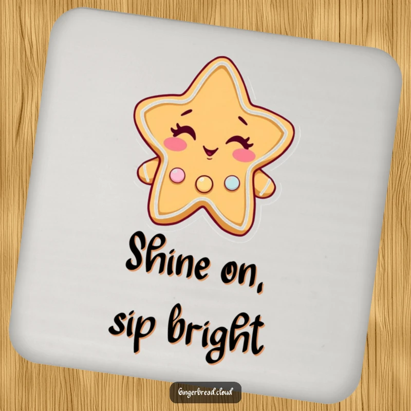 Funny gingerbread star coaster, a winking character with twinkling candy buttons, stylish and protective drink accessory.