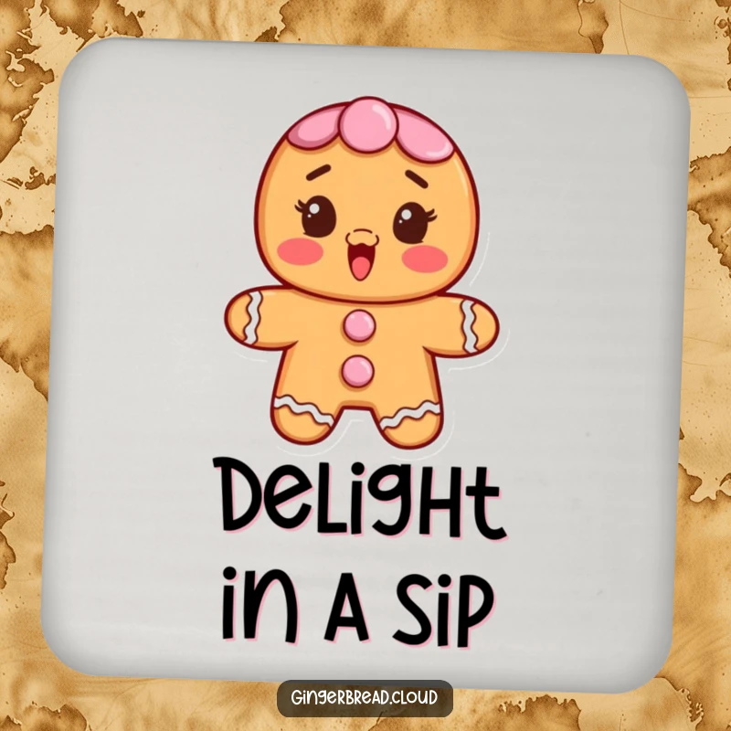 Funny drink coaster featuring a gingerbread character with frosting buttons, looking surprised and delighted.