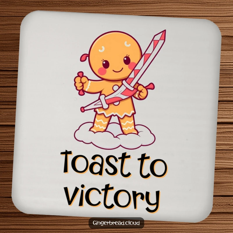 Funny drink coaster with a determined gingerbread person holding a candy cane sword, standing on a cloud.