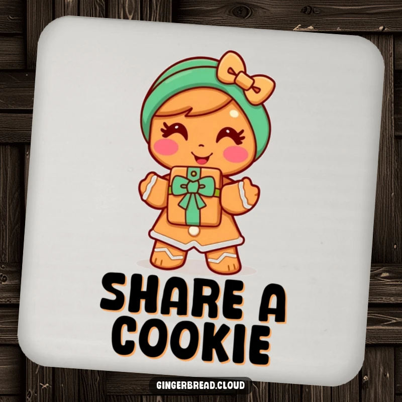 Funny gingerbread woman coaster featuring a cheerful character offering a cookie gift, adding a sweet and kind touch to your drinks.