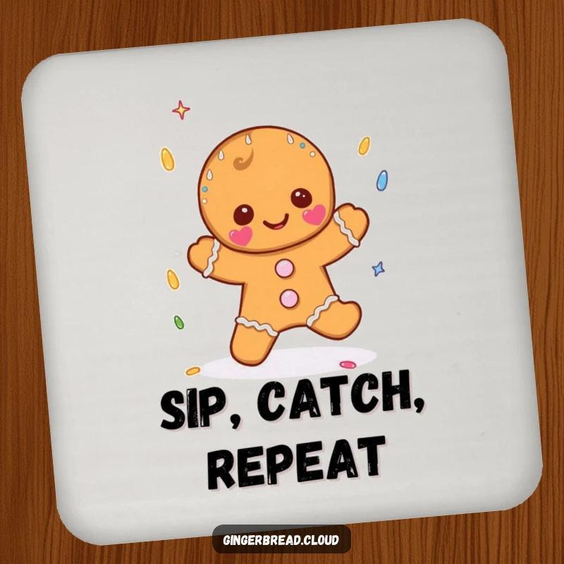Funny coaster illustrating a gingerbread character catching sprinkle-shaped raindrops, designed to protect surfaces with sweet holiday charm.