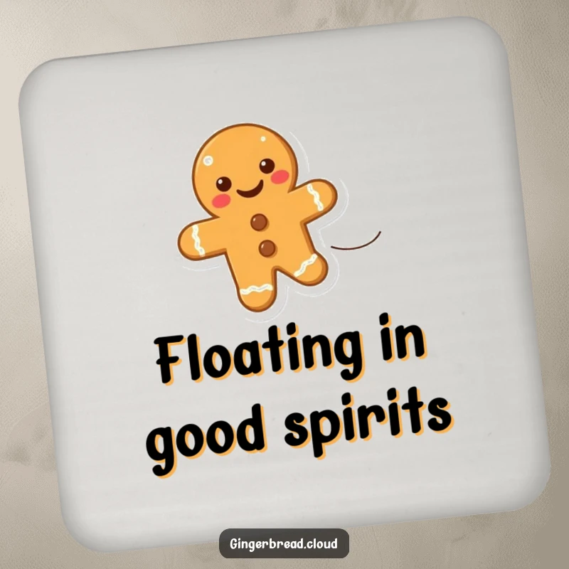 Funny drink coaster with a smiling gingerbread cookie floating on a breeze, adding a touch of joy to beverage service.