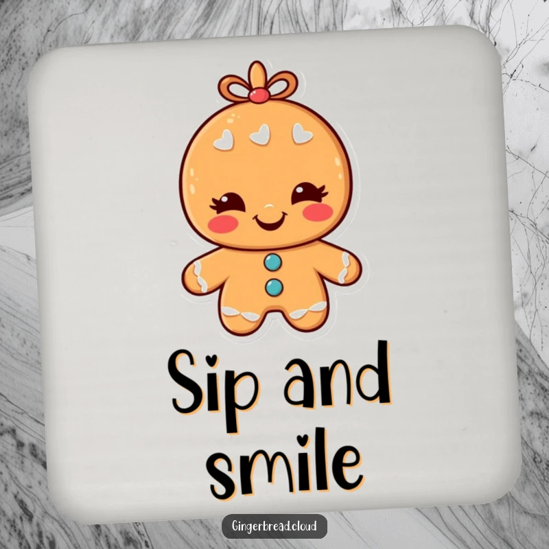 Funny Drink Coaster featuring a smiling gingerbread man character winking, perfect for protecting furniture with a humorous touch.