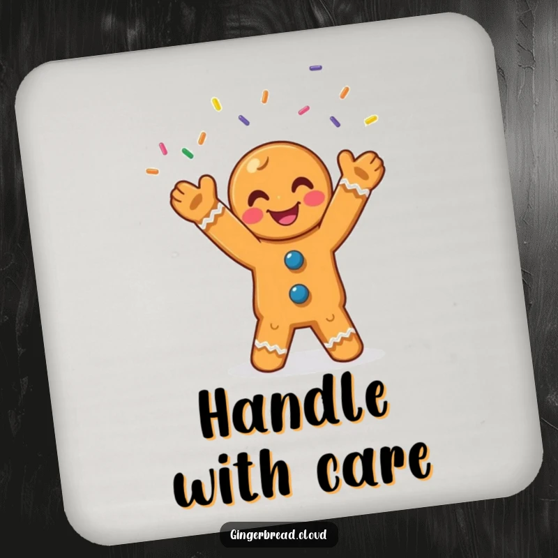 Funny gingerbread drink coasters showing a smiling character joyfully juggling colorful sprinkles, adding playful flair.