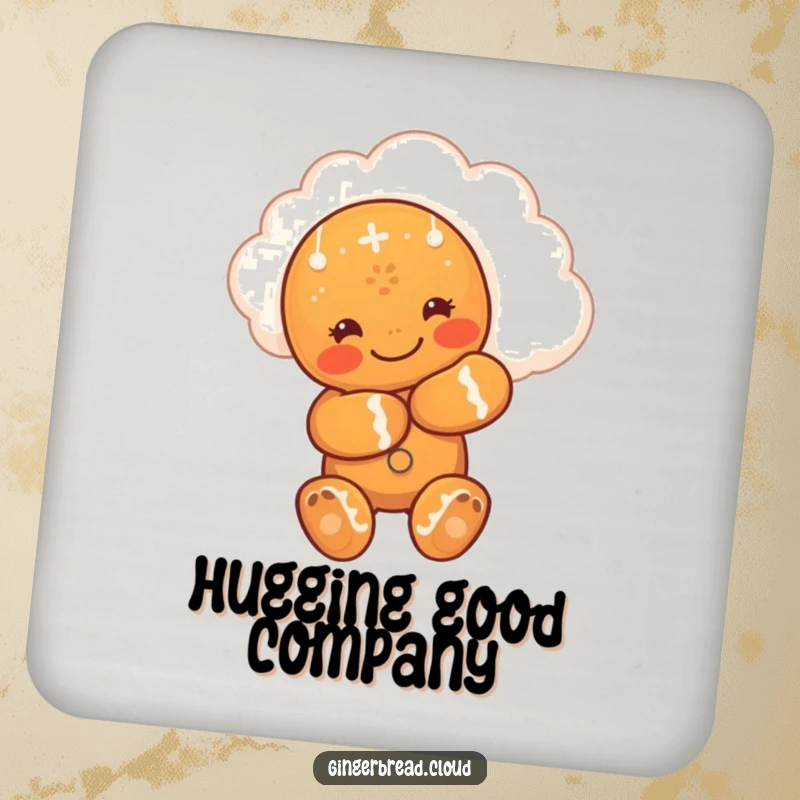 Funny drink coaster with a cute gingerbread man hugging a smiling cloud, adding a loving and cheerful element to beverage service.