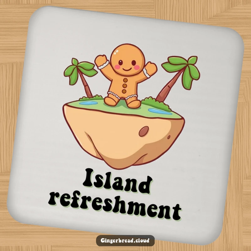 Funny Drink Coaster with a cheerful gingerbread man waving from a floating island, offering surface protection with whimsical and humorous fantasy art.
