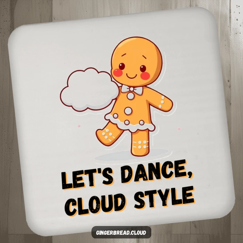 Happy gingerbread character dancing with a fluffy cloud partner, on a drink coaster for table protection and joyful decor.