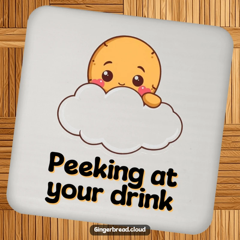 Funny gingerbread character peeking from a cloud, printed on a protective drink coaster.