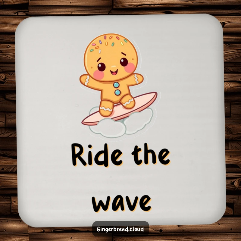 Funny Gingerbread Cookie Coaster: A cute gingerbread character surfs a cloud, serving as a funny and protective addition.