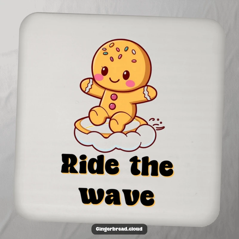 Funny Coaster: Durable disk featuring a cute gingerbread cookie with sprinkles, surfing on a cloud like a surfboard.