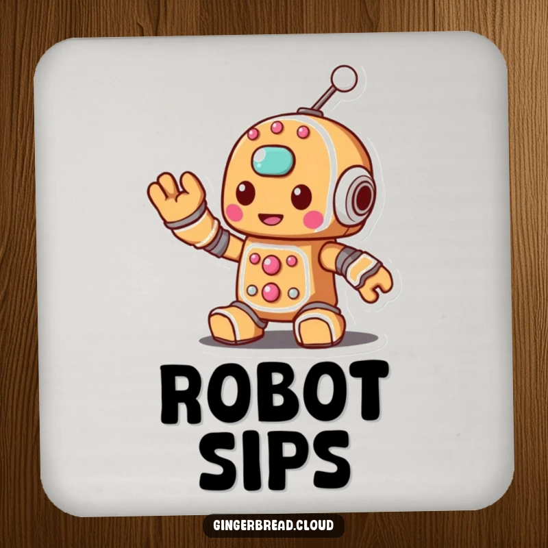 Funny drink coaster showcasing a gingerbread robot character waving a sugary antenna, perfect for adding a techy touch.