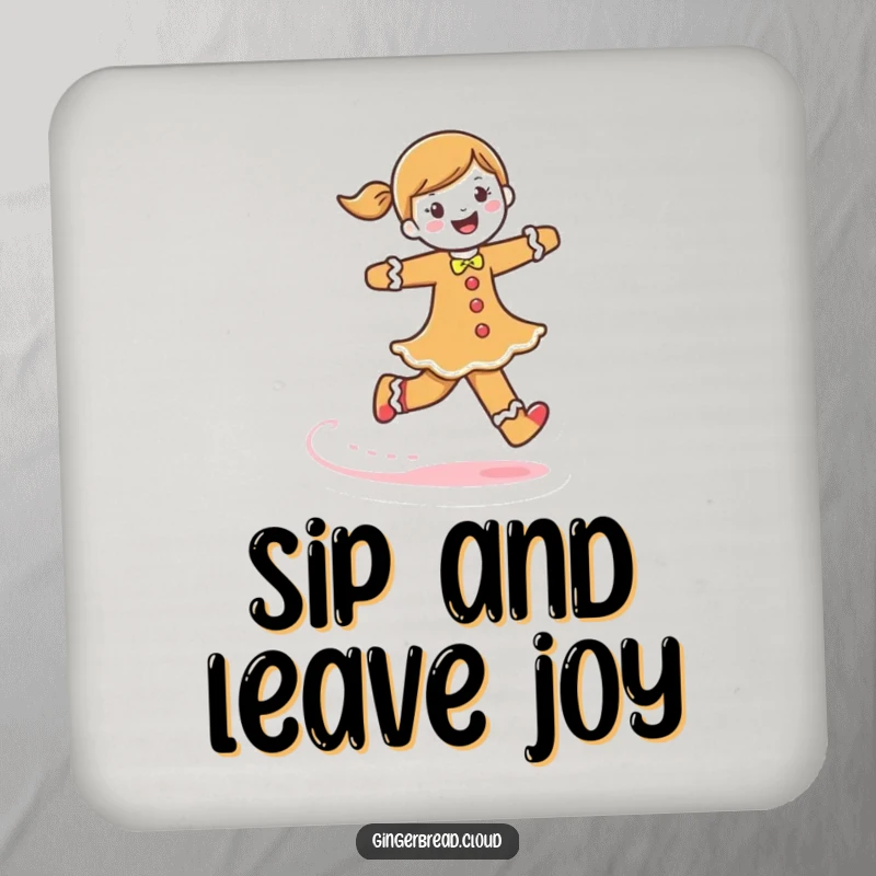 Funny gingerbread woman coaster, a character skipping, leaving a frosting trail, stylish and protective drink accessory.