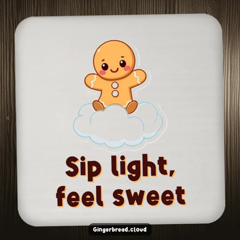 Funny set of drink coasters with a smiling gingerbread character balancing on a soft cloud puff. Protects surfaces humorously.