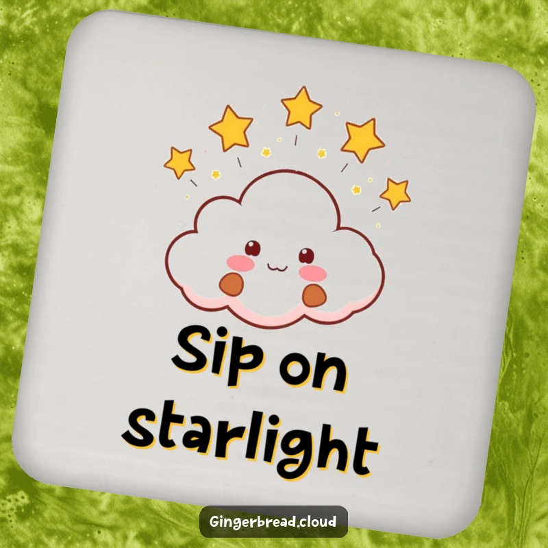 Funny set of drink coasters with a smiling gingerbread cloud face blowing small, twinkling stars. Protects furniture humorously.