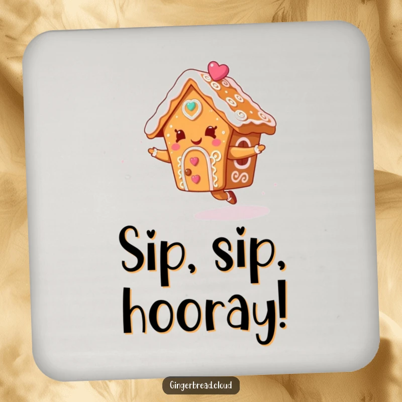 Funny drink coaster showcasing a gingerbread house character with icing swirls dancing joyfully in the sky, protecting tables with style.