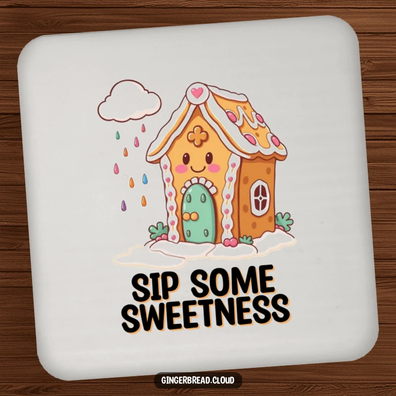 Funny Coaster: Durable disk featuring a happy gingerbread house with icing, watching a cloud rain colorful candies.