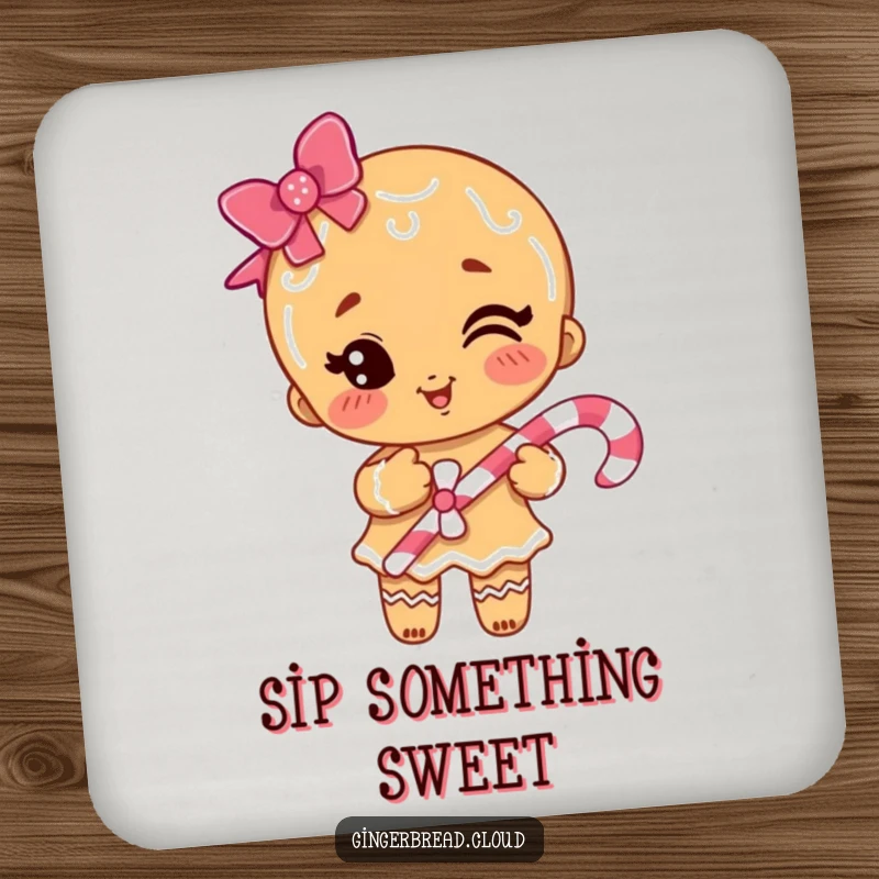Funny gingerbread girl winking holding a candy cane on a drink coaster, adding festive flair to surfaces.