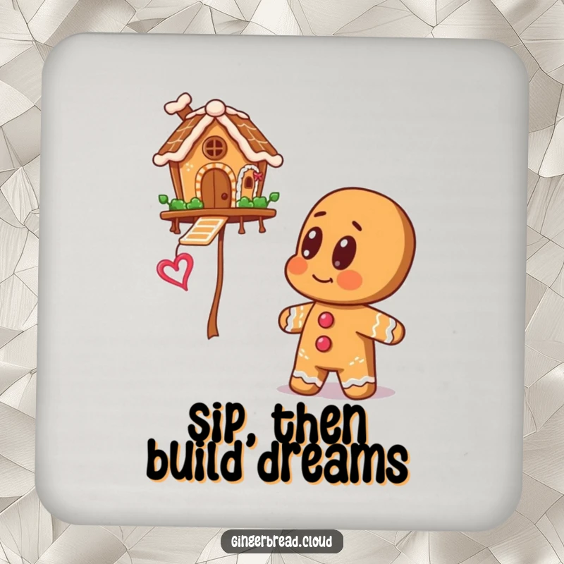 Gingerbread man with big eyes looking up at a floating gingerbread house, on a drink coaster for table protection and whimsical decor.