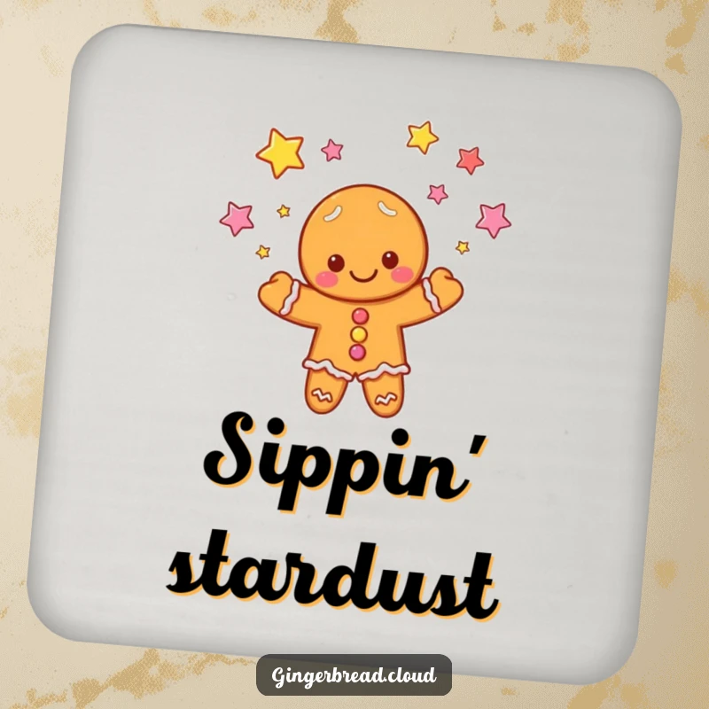 Funny coaster: A small gingerbread cloud juggles tiny candy stars, a delightful and humorous addition to any table.
