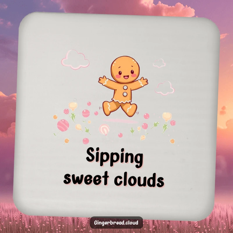 Funny gingerbread person playfully skipping through a field of candy clouds, whimsical drink coasters, sweet and protective accessory.