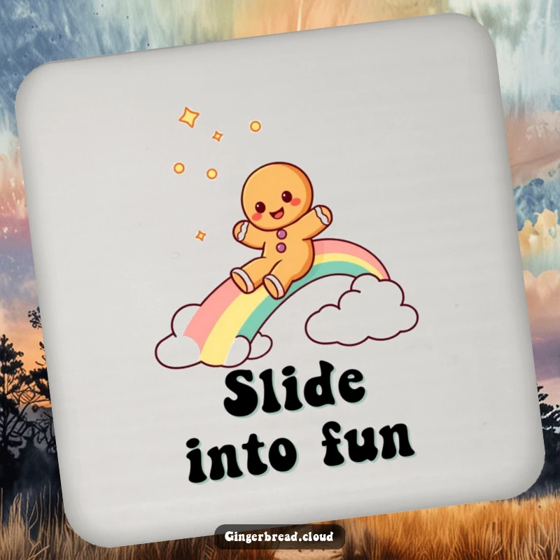 Funny gingerbread cookie drink coaster featuring a gingerbread cookie character sliding down a rainbow, for joyful surface protection.