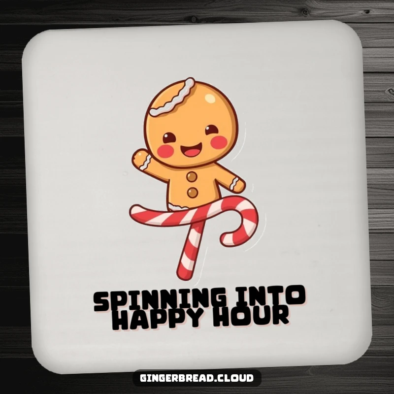 Funny gingerbread character with a wide smile balancing on a swirling candy cane, festive drink coasters, sweet and protective accessory.