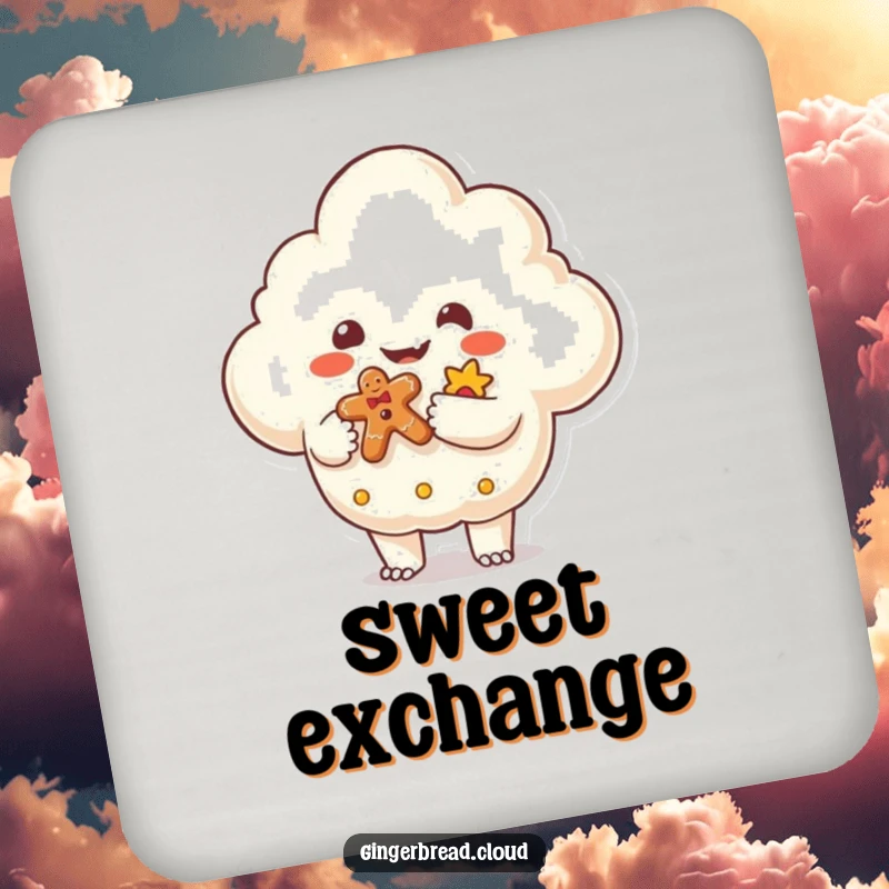 Funny Drink Coaster with a friendly monster shaped cloud handing a gingerbread gift, offering surface protection with whimsical and humorous fantasy art.