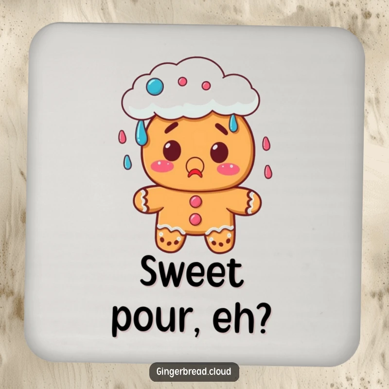 Funny gingerbread drink coasters showing a surprised character watching a cloud rain candy, adding sweet charm.