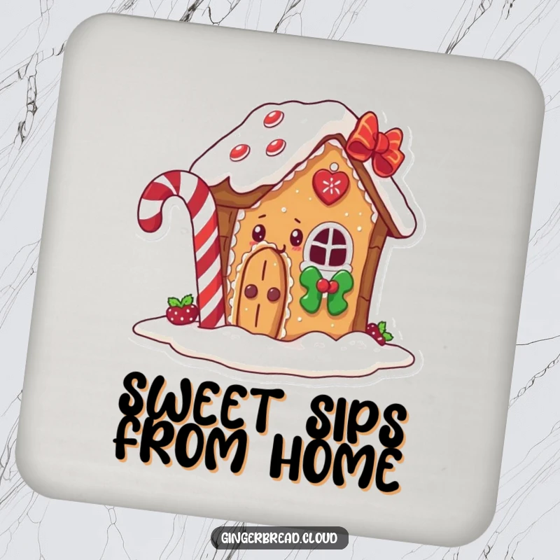 Funny gingerbread house coaster, a character peeking from behind a candy cane, stylish and protective drink accessory.