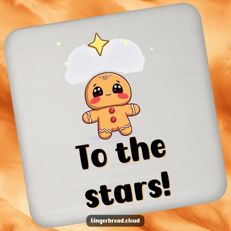 Funny gingerbread character looking up at a starry sky, printed on a protective drink coaster.