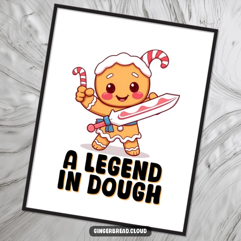 Funny poster of a gingerbread knight in a heroic stance, sword fashioned from a candy cane, inspiring awe.