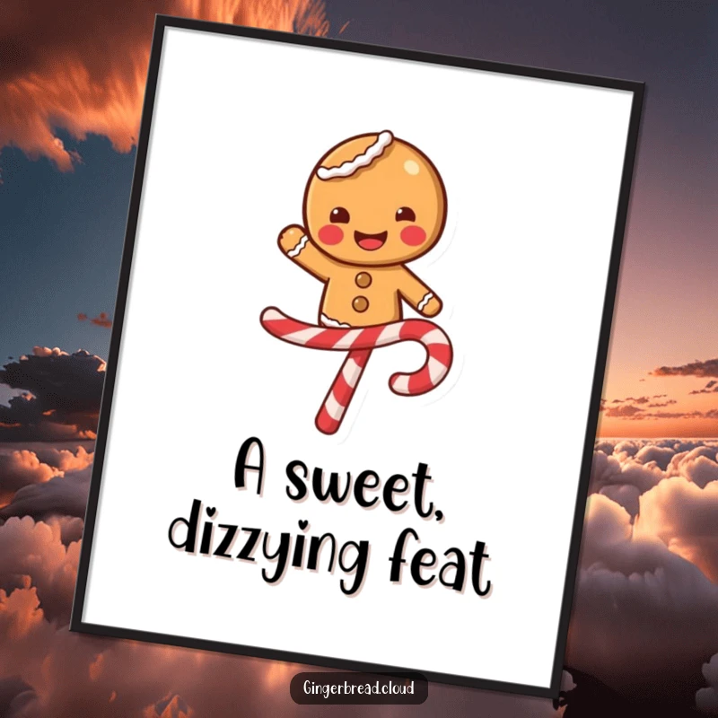 Funny gingerbread character with a wide smile balancing on a swirling candy cane, festive wall art poster, cheerful and sweet design.
