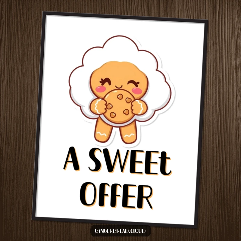 Funny poster showcasing a gingerbread cloud character winking and offering a cookie, perfect for adding warmth.