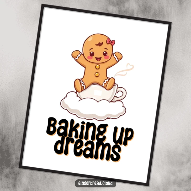Funny poster art of a gingerbread boy leaping over a coffee cup cloud, capturing holiday spirit and coffee delight.