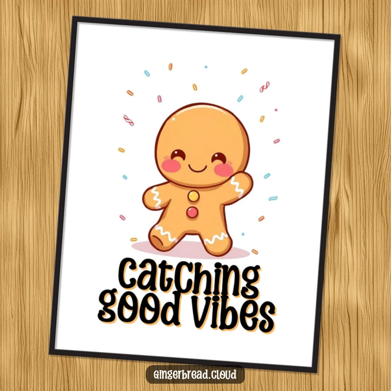 Funny gingerbread person poster, catching falling sprinkles, sweet and humorous wall art, ideal funny gift for kitchens.