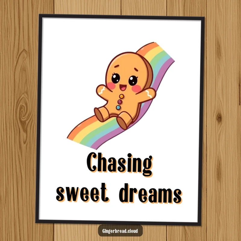 Funny poster art of a gingerbread cookie surprised while sliding down a rainbow, a magical and festive wall decoration.