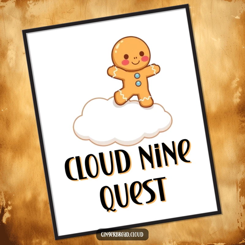 Funny lopsided gingerbread man comically tries to hop onto a cloud, showcasing a humorous and whimsical aspiration for wall decor.