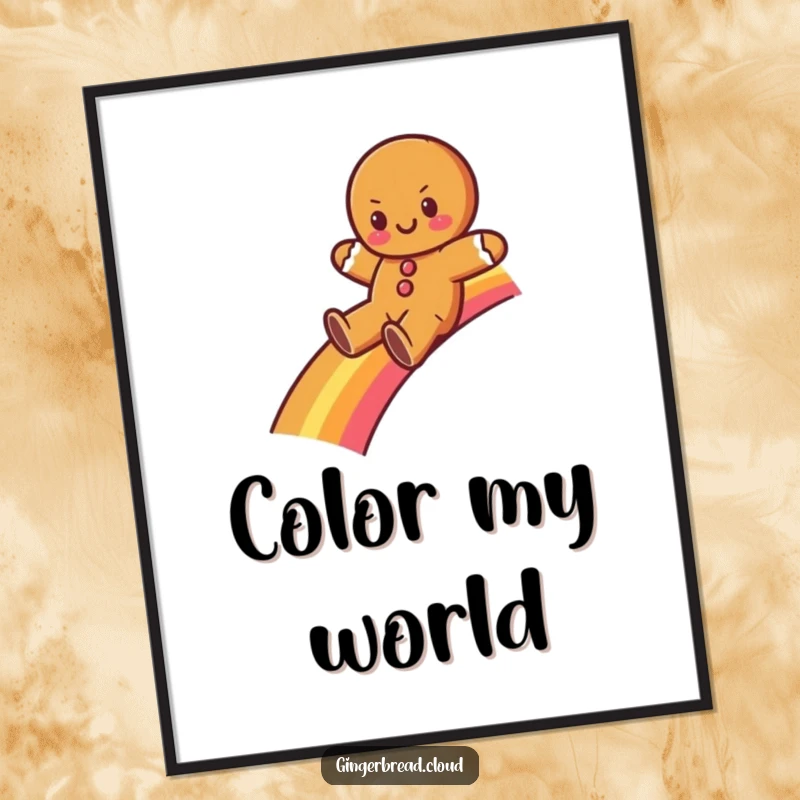 Funny gingerbread character happily sliding down a vibrant rainbow, depicted dynamically on this poster. Adds whimsical charm.