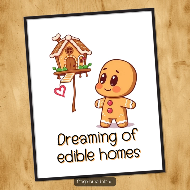 Gingerbread man with large, expressive eyes looking up at a whimsical floating gingerbread house, displayed as art on a poster.
