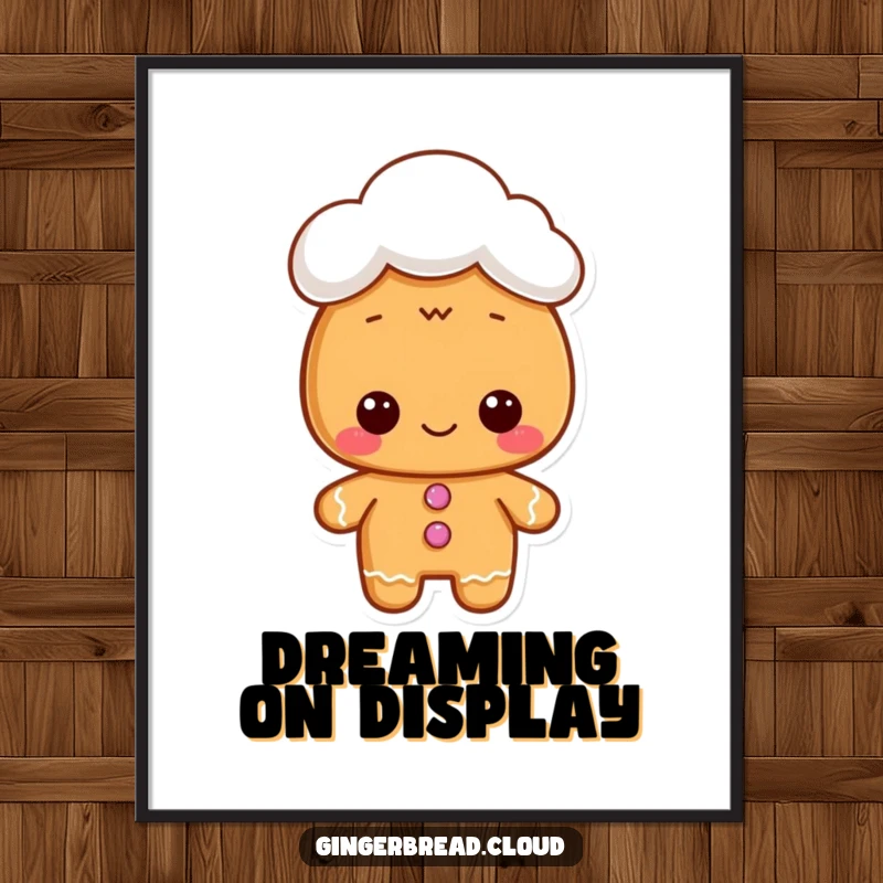Funny poster art of a gingerbread character with a small cloud hat, exuding sweetness and imaginative charm.
