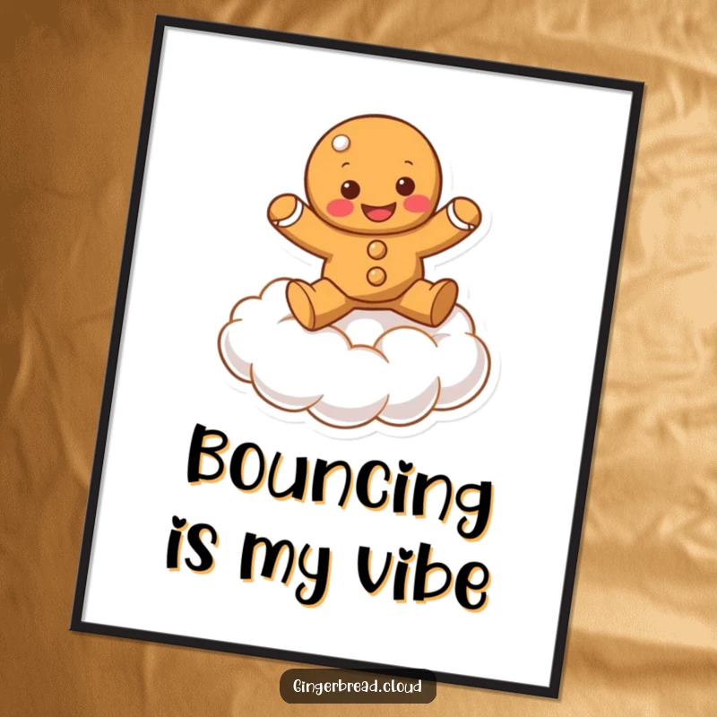 Funny gingerbread character bouncing happily on a soft cloud, displayed as a vibrant poster.