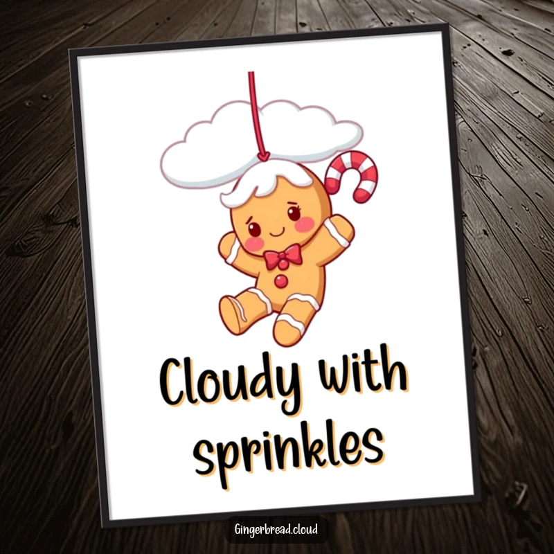 Funny gingerbread candy cane character playfully swinging from a cloud strand, displayed as a festive poster print.