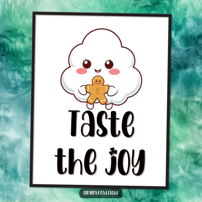 Funny cloud character poster depicting a smiling cloud generously offering a piece of gingerbread, adding warmth and cheer.
