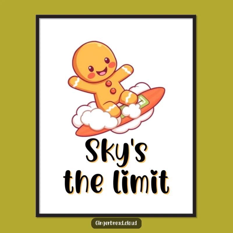 Funny Cloud Surfing Gingerbread Man Poster - Whimsical Wall Art
