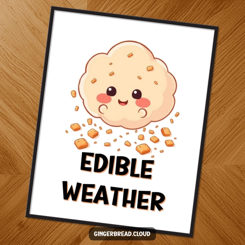 Funny Poster of a cloud scattering happy gingerbread cookie crumbs like rain, a whimsical and humorous culinary artwork for enchanting wall decor.