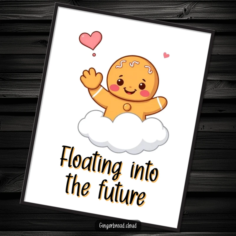 Funny gingerbread character waving goodbye while floating on a cloud, displayed as a vibrant poster.