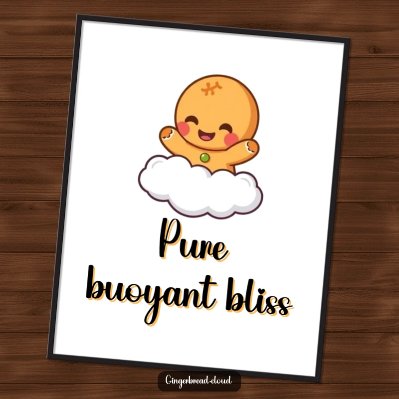 Funny poster depicting a gingerbread character in a fit of laughter while floating on a cloud, bringing whimsical joy to decor.