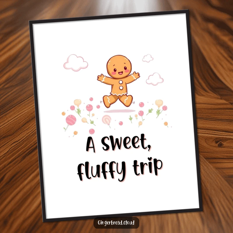 Funny gingerbread person playfully skipping through a field of candy clouds, whimsical wall art poster, cheerful and sweet design.
