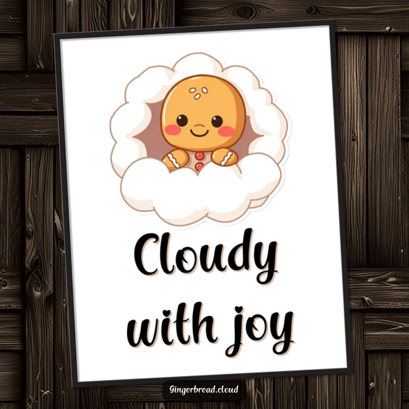 Funny gingerbread character poster, peeking from a cloud hollow, whimsical and enchanting wall art, ideal funny gift for imaginative spaces.